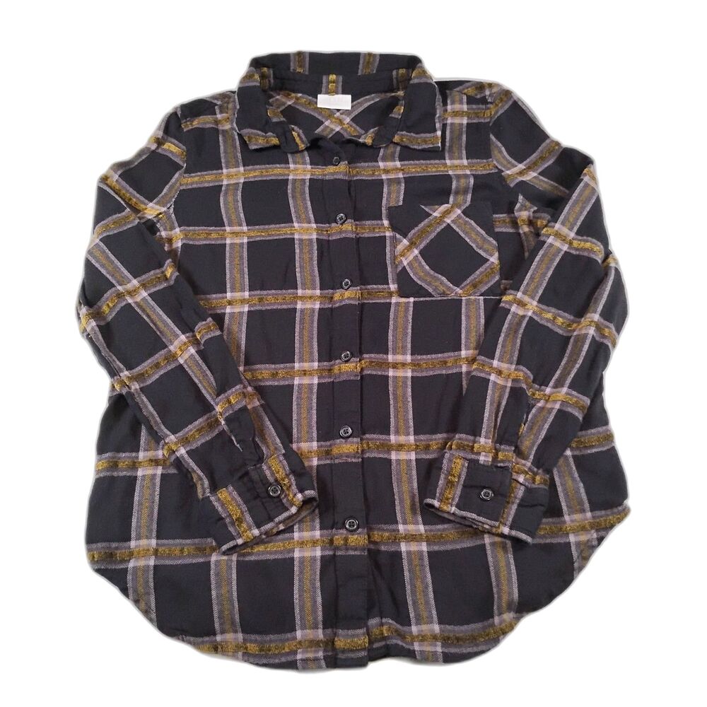 Abound Women's Plaid Button Down Top Size Small Black Yellow